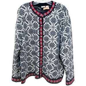 Vintage LL Bean Cardigan Merino Lambswool Snowflake Sweater Nordic Fair Isle